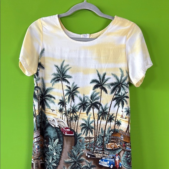 Vintage yellow and Green Puff Sleeve Sheath Midi Dress - Picture 3 of 9